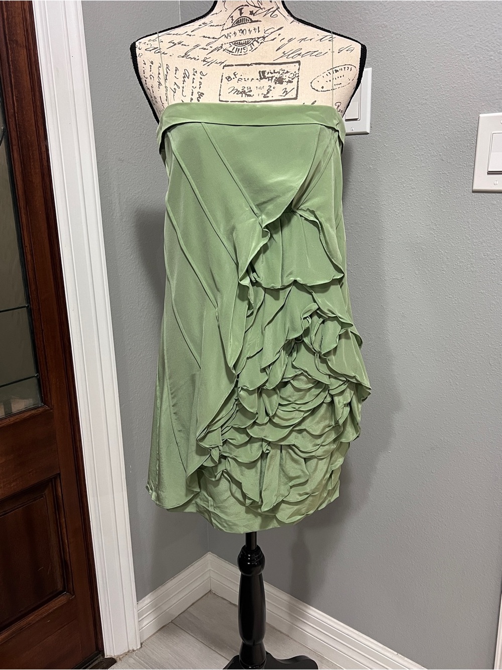 NWT Robert Rodriguez Silk Strapless Ruffle Dress Sage Green 0